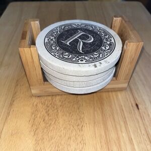 Thirstystone Monogram Sandstone Coasters Set-Qty: 4- Monogram: "R" with Holder